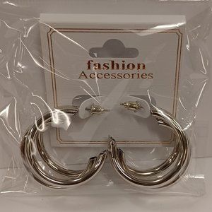Tri-Hoop Design Earrings - Silver